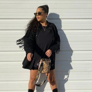 ZARA Black Faux Suede Fringe Jacket | Boho Western Overshirt | Women’s XL